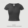 BE Women's Summer Slim Top Button V-Neck Shoulder Short Sleeve T-Shirt