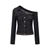 UNBDNS Hottie Vintage Personality Asymmetrical Slash Shoulder Medium Sleeve Denim Jacket Shirt