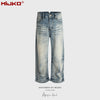 MIJKO Washed Old Polished White Straight Blue Jeans