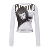 Pokiovo Retro Character Print Front Shoulder Babes Tight T-shirt Long Sleeves