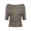 UNBDNS Shell Button-down Large Round Neck Slanted Shoulder Waist Slim Mid-sleeved Top