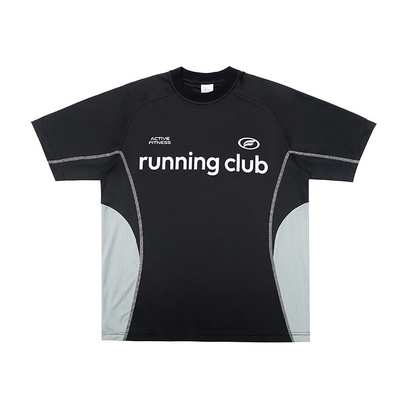 UNF Reflective Print Splicing Contrasting Color Breathable T-shirt in black and gray for running club activities.