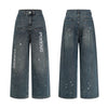 Pokiovo Vintage Washed Old Ink-splashed Alphabet Print Straight Wide Leg Jeans
