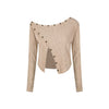 UNBDNS Irregular Slant Neck Slim Fit Design Long Sleeve T-Shirt