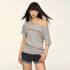 Jimmy Design Slant Off-Shoulder Skinny Printed Short Sleeve T-Shirt