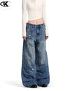 11KN Loose Cat Whisker Old Worn Design Wide Leg Washed Blue Jeans