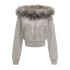 Pokiovo Removable Fur Collar Waist Slim Short Spice Girl One-word Shoulder Sweater