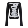 Pokiovo Y2k Babes Street Slanted Shoulder Design Sense Print Word Shoulder T-shirt Long Sleeve