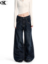 11KN Loose Stitching Leather Design Personalized Straight Dark Blue Jeans