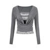 UNBDNS Fake Two-piece One-word Shoulder Design Long-sleeved T-shirt