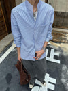 Seersucker Breathable Pleated Texture Casual Blue and White Striped Shirt Long Sleeve