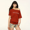 Jimmy Design Slant Off-Shoulder Skinny Printed Short Sleeve T-Shirt