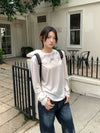 Hazy Handwritten English Printing Thin Snowflake Washed Flower Yarn Air Conditioner Blouse Long Sleeve