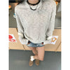"Striped Thin Blouse" Half-gloss Filament Pinstriped Crew Neck Long Sleeve T-Shirt