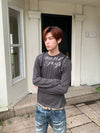 Hazy Handwritten English Printing Thin Snowflake Washed Flower Yarn Air Conditioner Blouse Long Sleeve