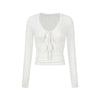 UNBDNS Brown Front Shoulder Lace V-Neck Slim-Fit Skinny Bottom Shirt Long Sleeve T-Shirt