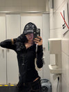 F383 Punk Long-sleeved Blouse Tulle Hooded
