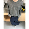 "Striped Thin Blouse" Half-gloss Filament Pinstriped Crew Neck Long Sleeve T-Shirt