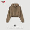 BE Women's Retro Solid Color Loose Crop Zipper Hoodie Jacket