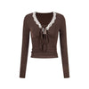 UNBDNS Brown Front Shoulder Lace V-Neck Slim-Fit Skinny Bottom Shirt Long Sleeve T-Shirt
