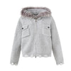 WHOLATE Vintage Fur Collar Hooded Sweater Knitted Jacket