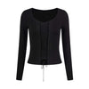 UNBDNS Pure Desire Wind Strap Design Solid Color Slim and Thin Long-sleeved T-shirt